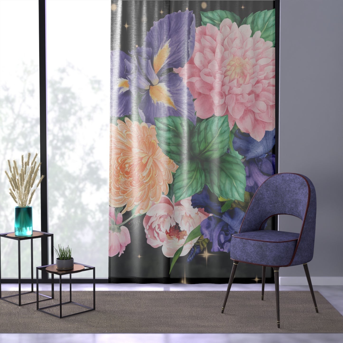 π Midnight Garden: Floral & Starry Night Curtain β¨