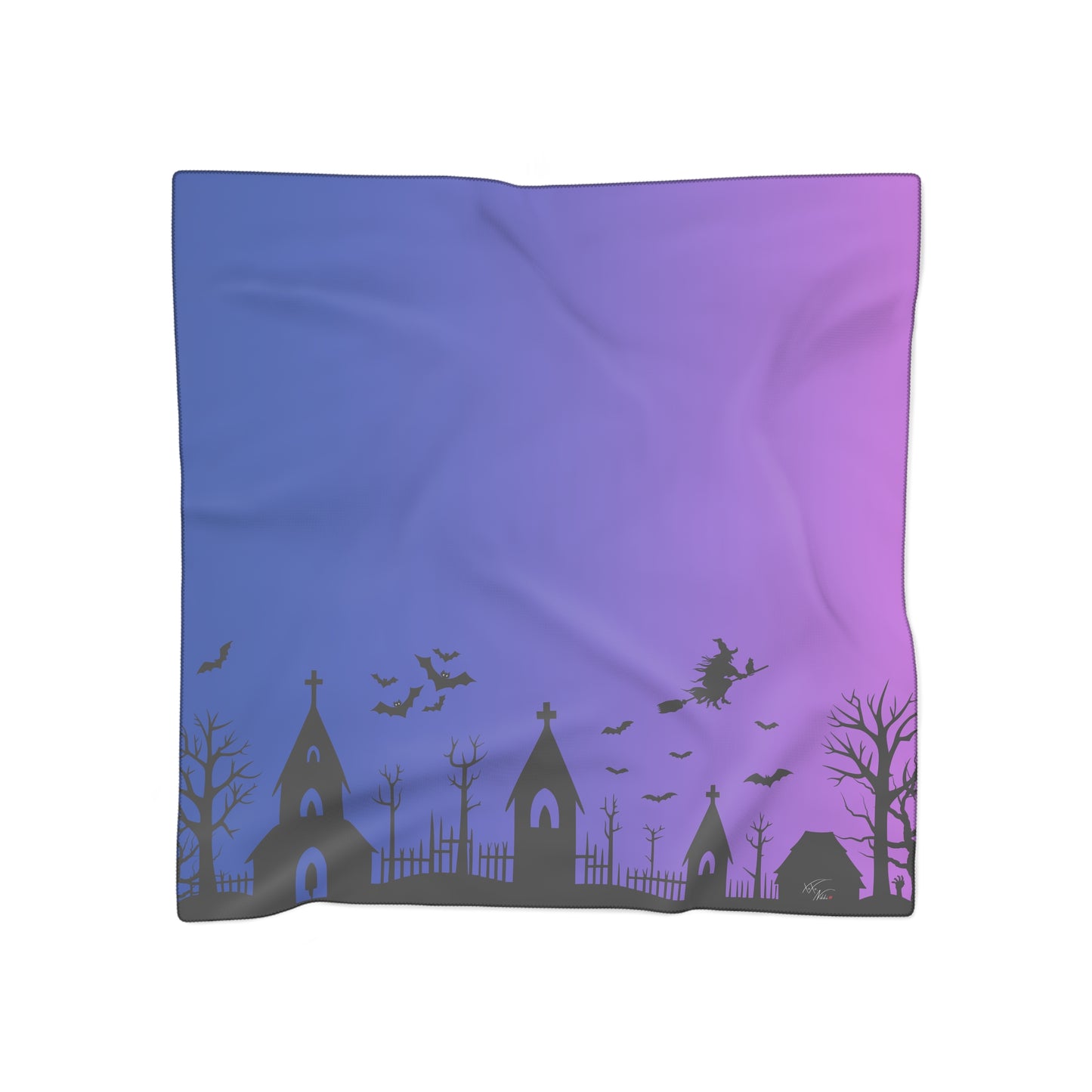 🦇 Haunted Dusk Halloween Scarf – Purple & Blue Gradient Spooky Graveyard Print 🧣✨