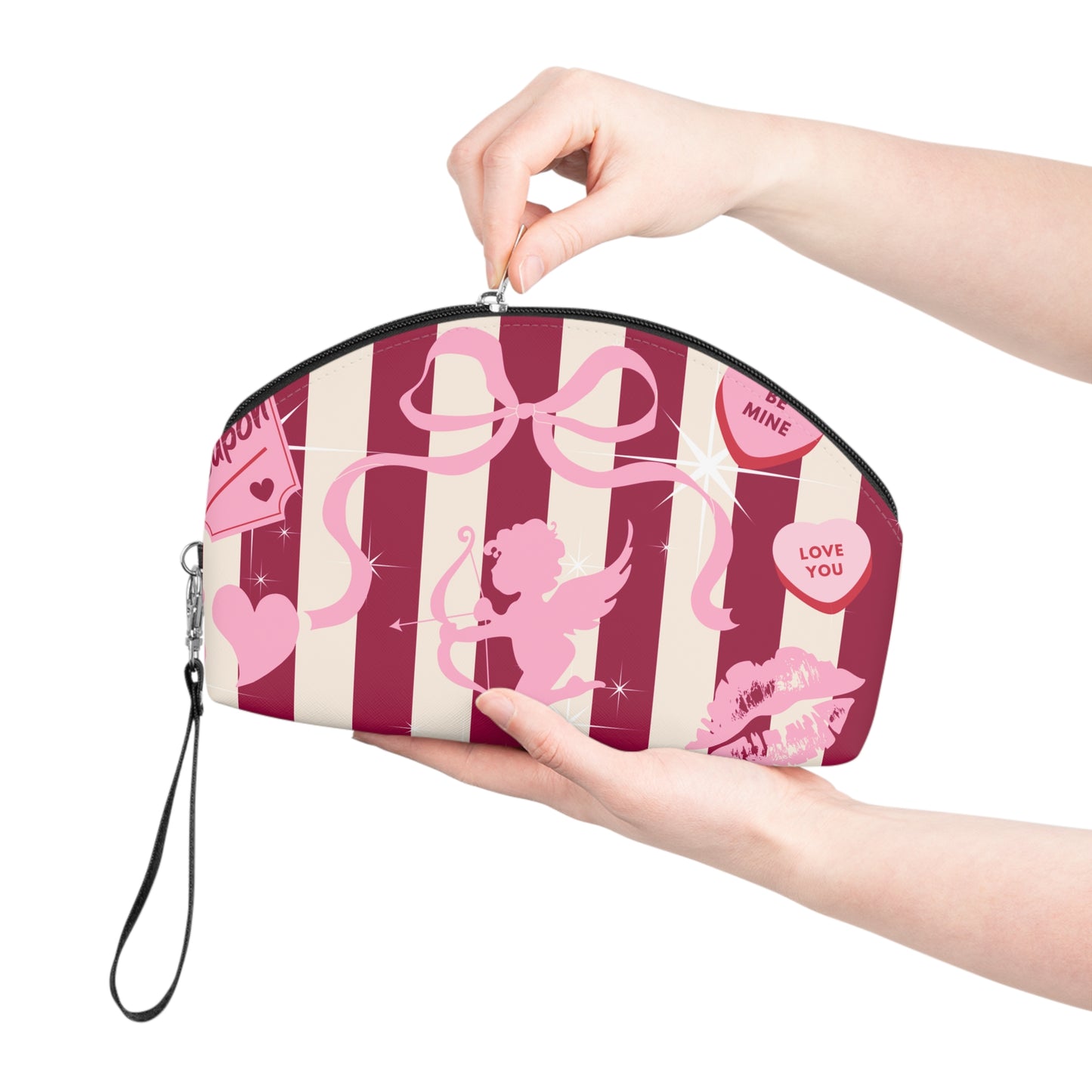 Valentine’s Cupid Makeup Bag 💕 | Striped Cosmetic Pouch with Hearts & Bow – Cute Zip Makeup Organizer