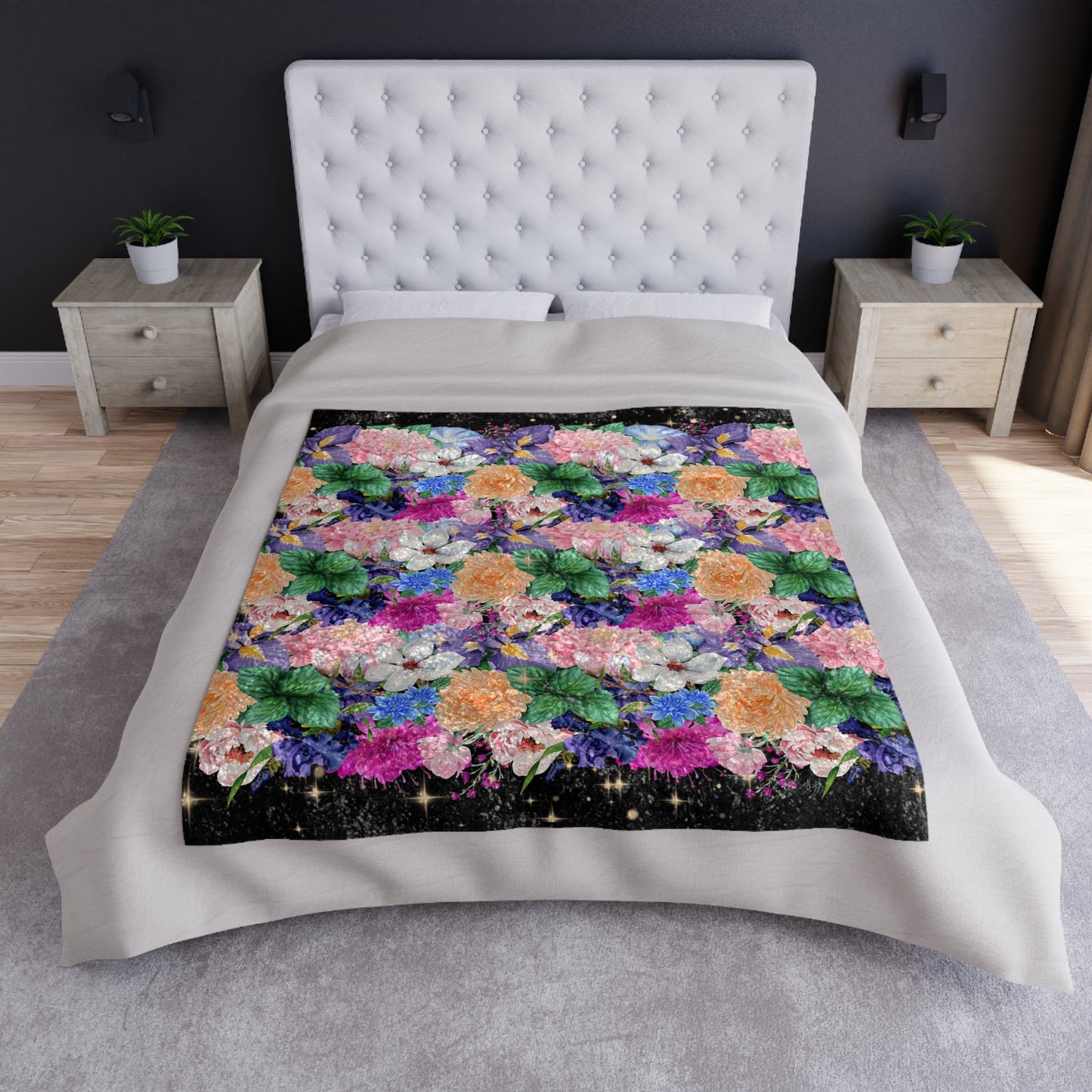 π Midnight Bloom: Crushed Velvet Blanket with Florals & Stars β¨πΈ