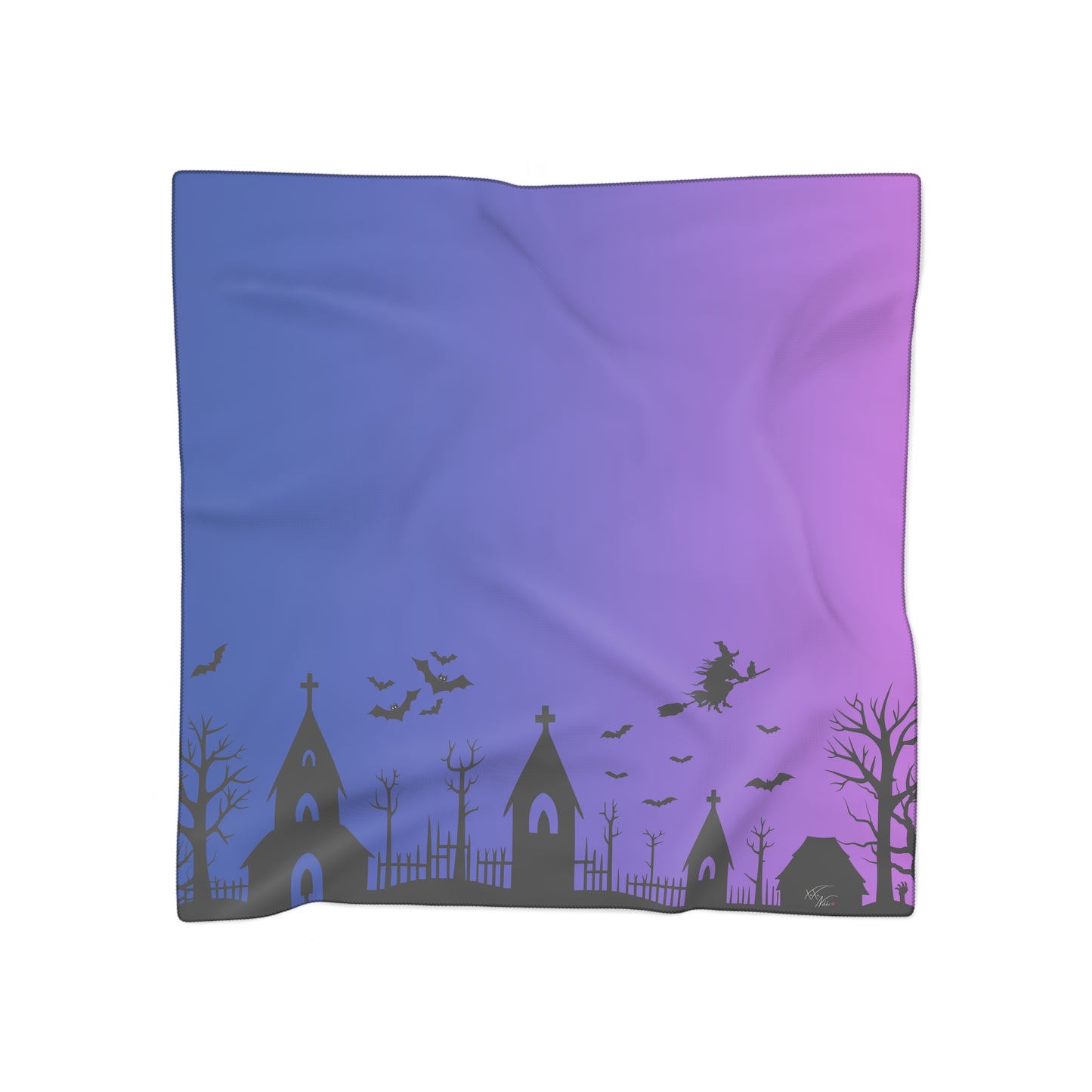 🦇 Haunted Dusk Halloween Scarf – Purple & Blue Gradient Spooky Graveyard Print 🧣✨