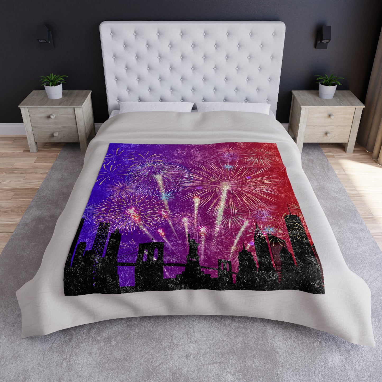 🖤 “Midnight Reverie” Crushed Velvet Throw | 4th of July Fireworks Over City Skyline 🌆🎇 | Luxe Patriotic Blanket