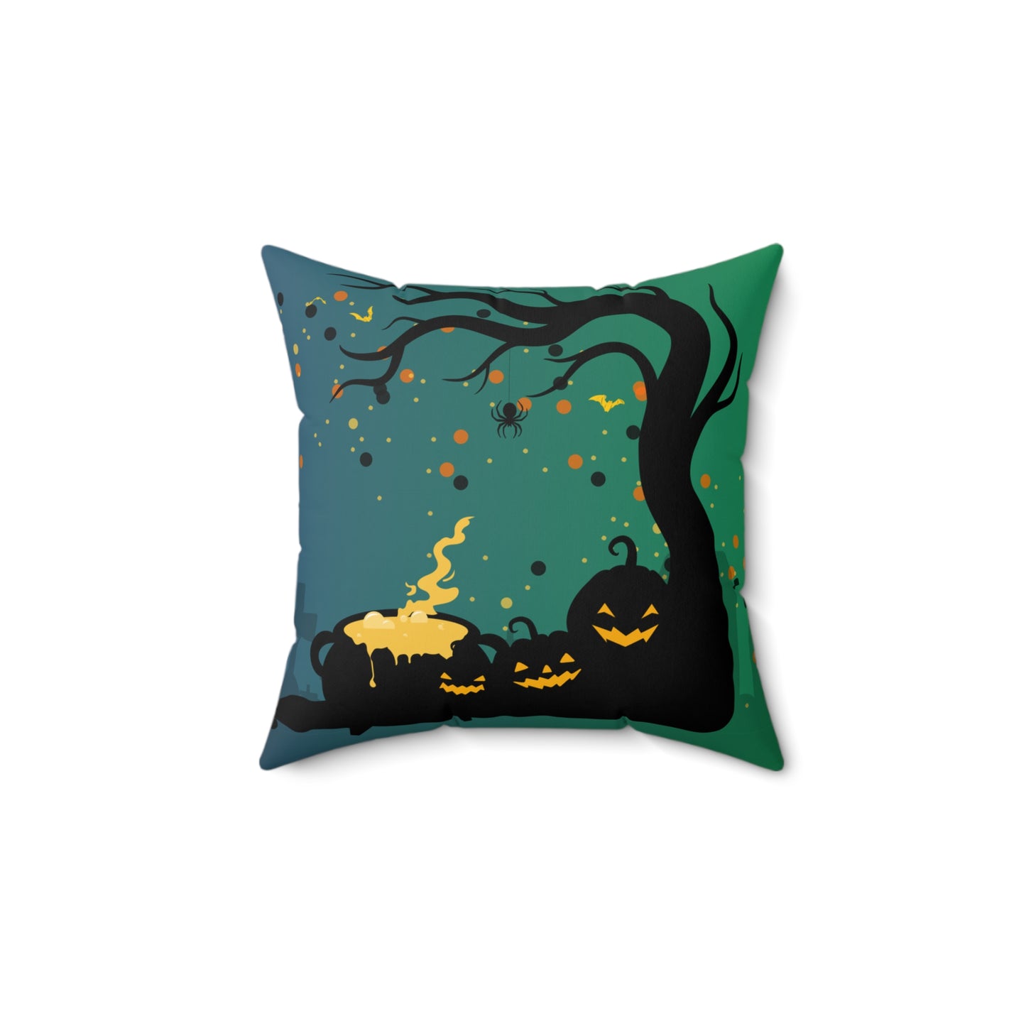 Halloween Throw Pillow – Spun Polyester Square Cushion with Black Cat, Pumpkins & Graveyard 🎃🖤
