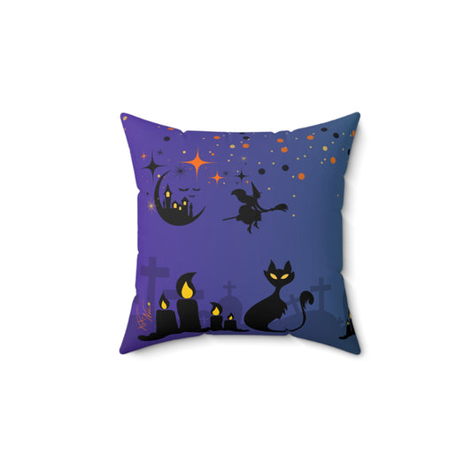 Halloween Throw Pillow β Spun Polyester Square Cushion with Black Cat, Pumpkins & Graveyard ππ€