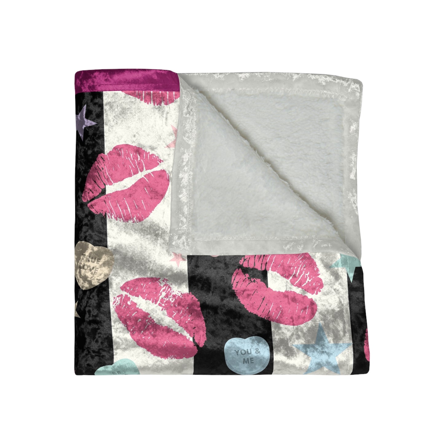 Black & White Conversation Hearts Valentine Crushed Velvet Throw Blanket 🖤🤍💋