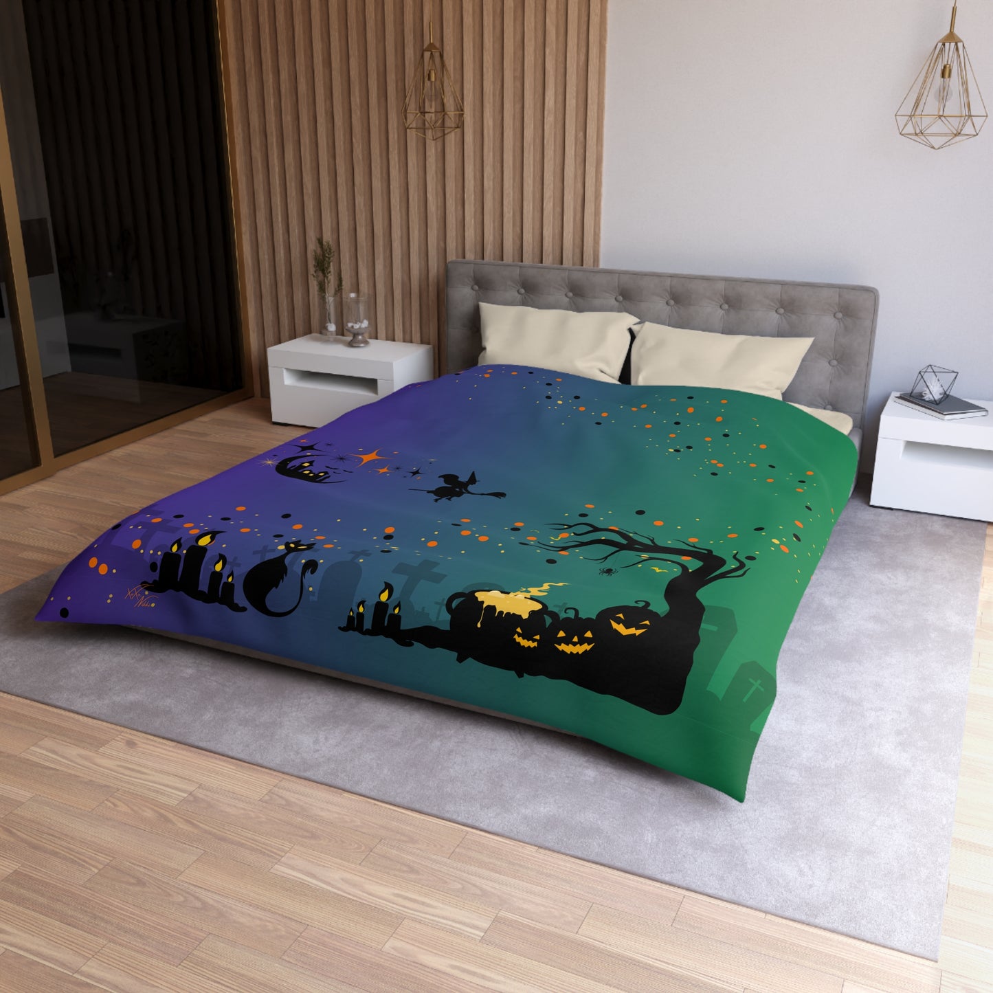🖤 Spooky Mood Microfiber Duvet Cover – Witch, Black Cat & Pumpkin Design 🕯️🌙