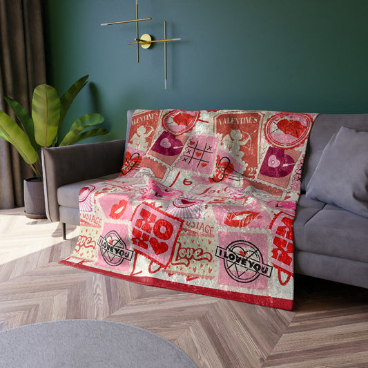 Vintage Valentine Postcard Patchwork Crushed Velvet  Throw Blanket ❤️💌