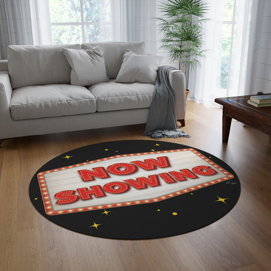 🎬 Roll Out the Red Carpet: Movie Night NOW SHOWING Round Rug 🍿🎥