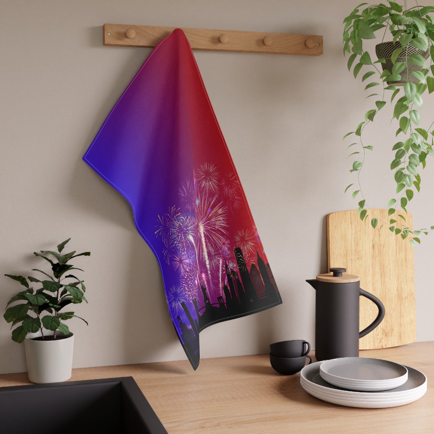 4th of July Fireworks Skyline Tea Towel | Patriotic Kitchen Decor, Red White & Blue 🇺🇸✨