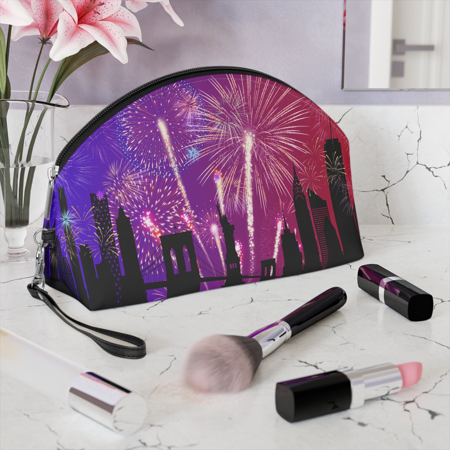 🎆 City Lights & Fireworks Cosmetic Bag – Glam on the Go! ✨