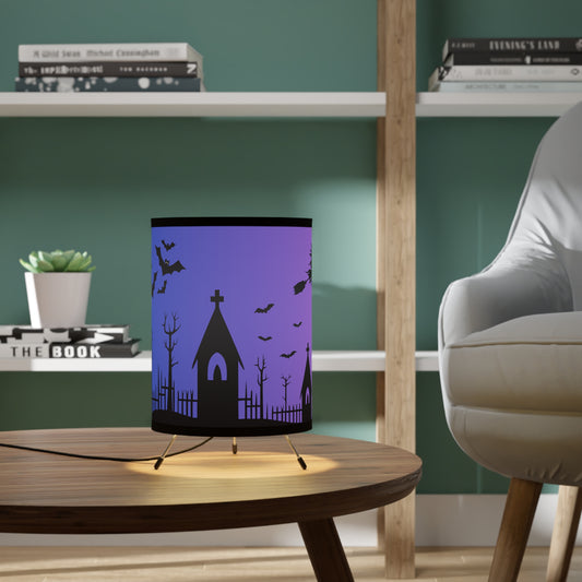 🦇 Haunted Glow Halloween Tripod Lamp – Spooky Graveyard Scene Accent Light for Fall Decor 💜✨