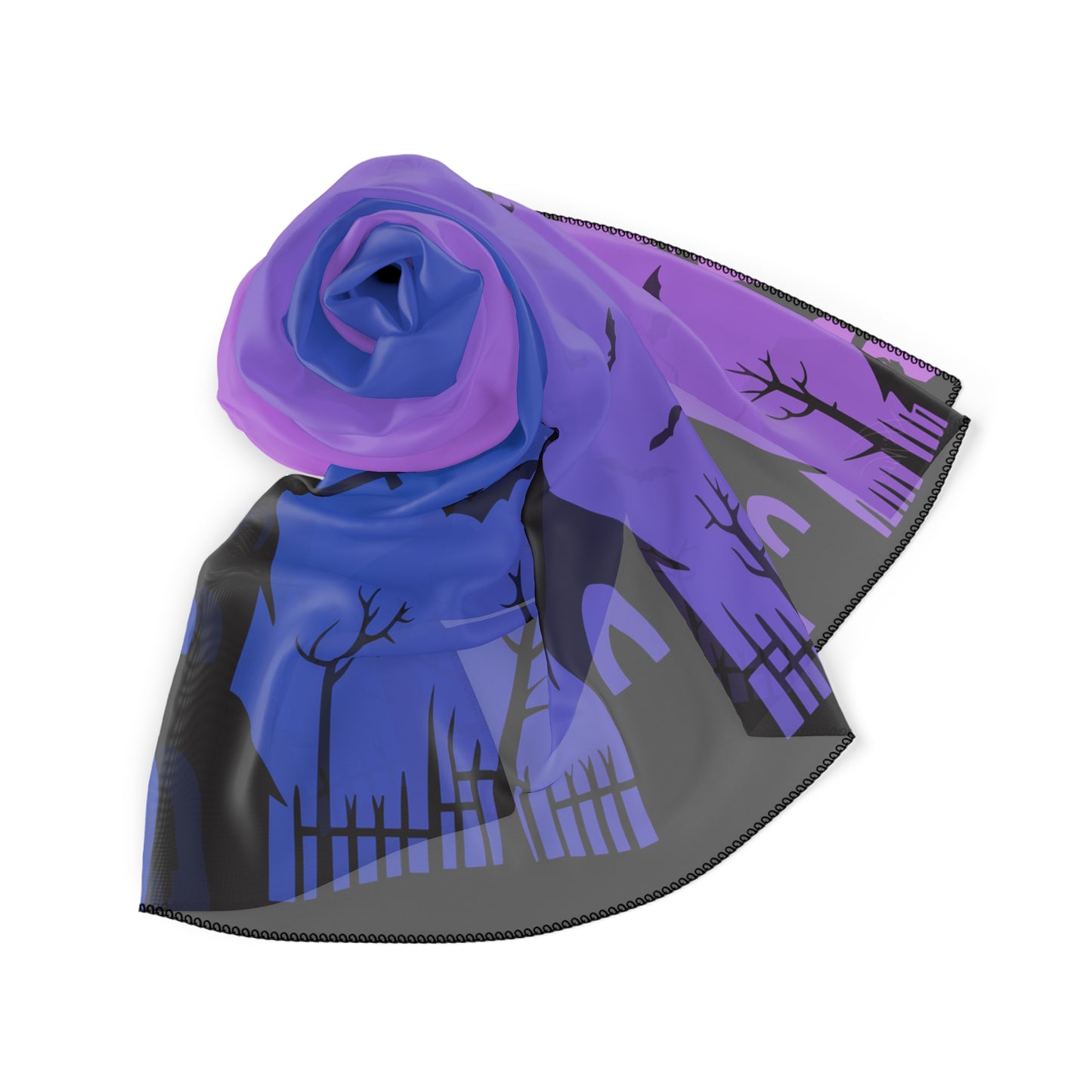 🦇 Haunted Dusk Halloween Scarf – Purple & Blue Gradient Spooky Graveyard Print 🧣✨