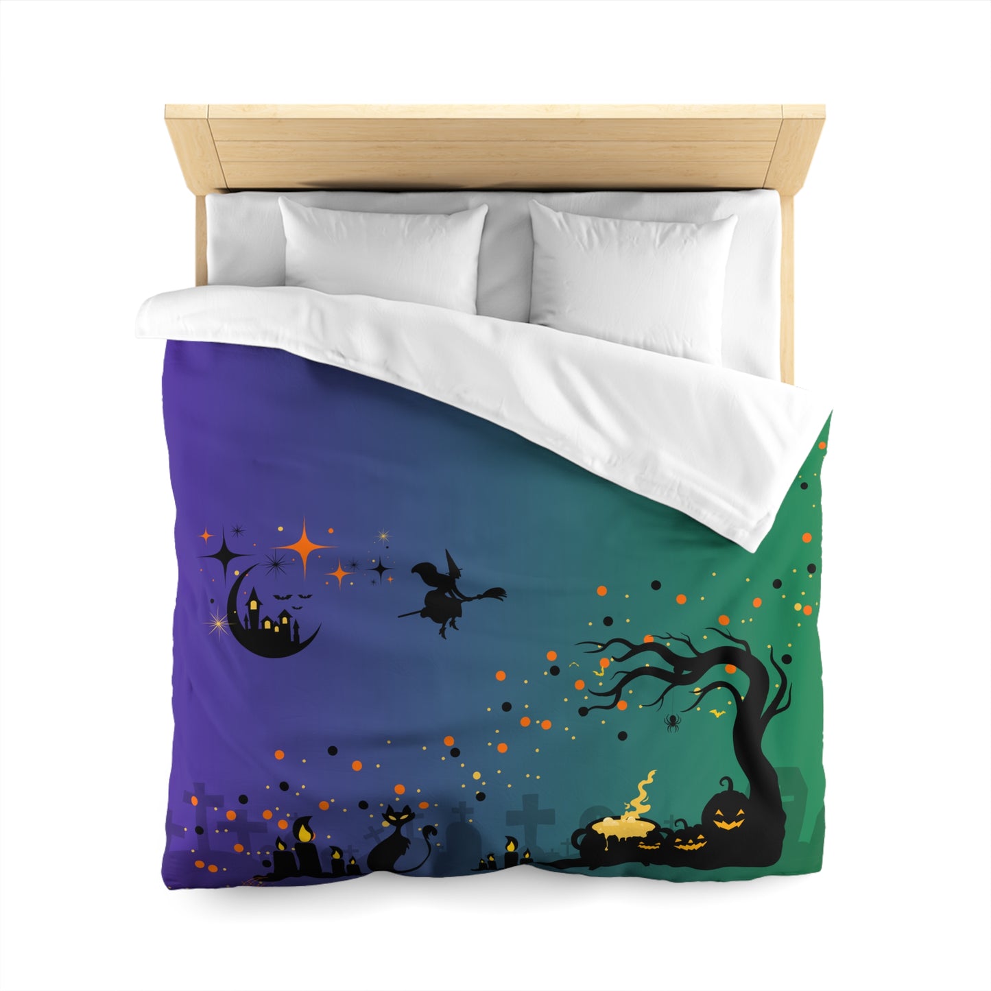 🖤 Spooky Mood Microfiber Duvet Cover – Witch, Black Cat & Pumpkin Design 🕯️🌙