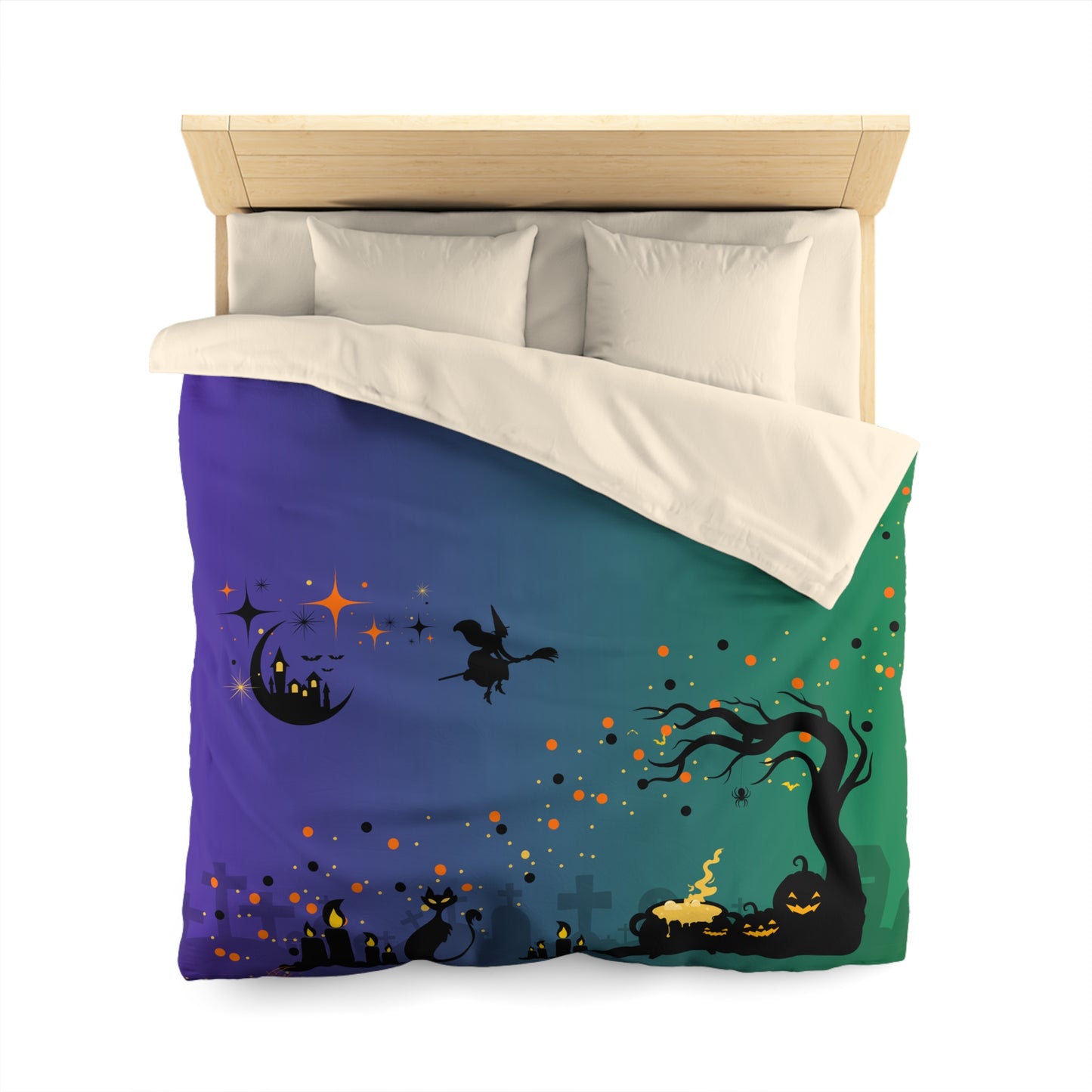 🖤 Spooky Mood Microfiber Duvet Cover – Witch, Black Cat & Pumpkin Design 🕯️🌙