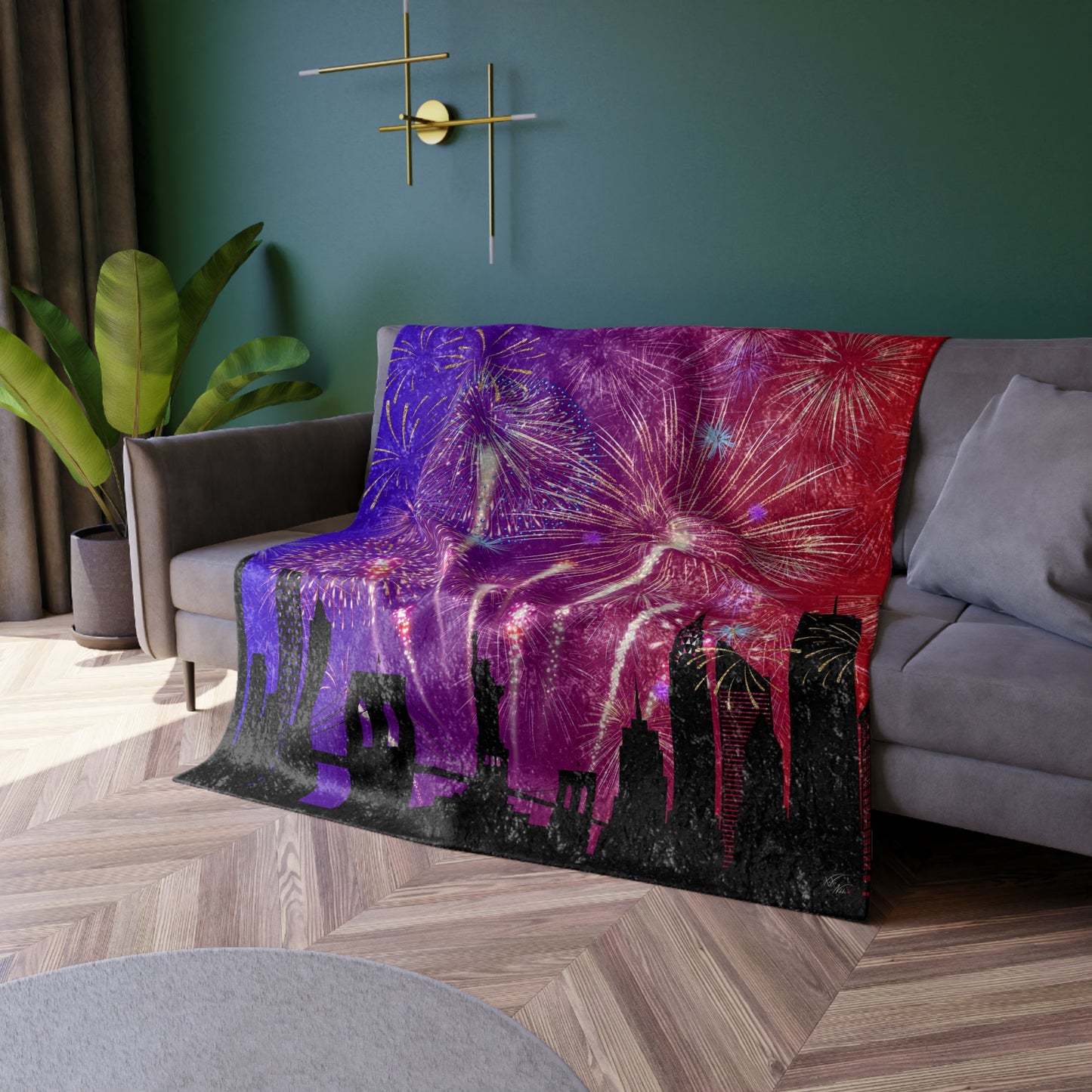 🖤 “Midnight Reverie” Crushed Velvet Throw | 4th of July Fireworks Over City Skyline 🌆🎇 | Luxe Patriotic Blanket