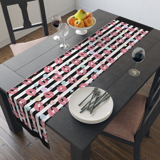 Black and White Stripe Valentine Table Runner 🖤🤍💋