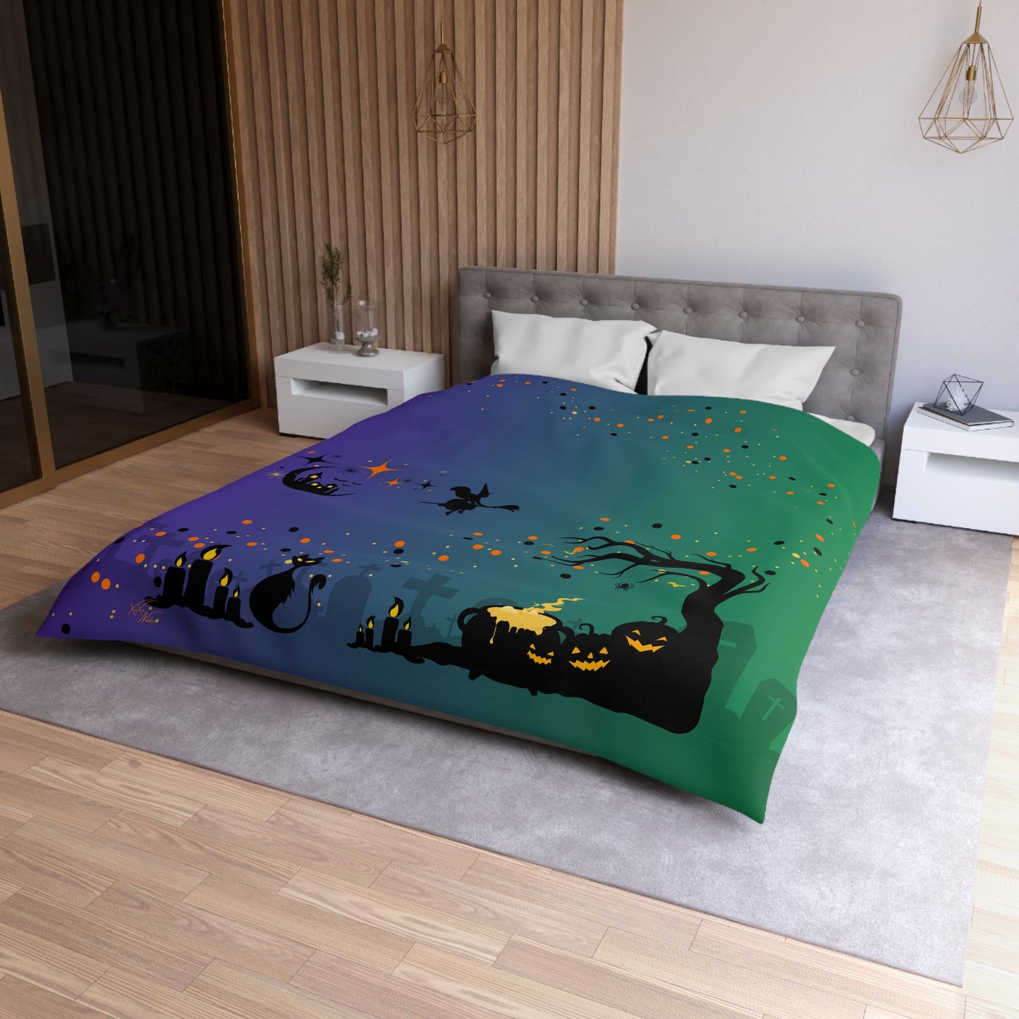 🖤 Spooky Mood Microfiber Duvet Cover – Witch, Black Cat & Pumpkin Design 🕯️🌙